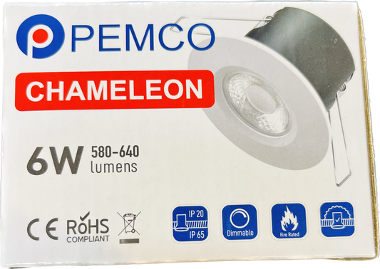 Pemco Chameleon 6W fire-rated LED downlight product box showing the light, wattage and lumen rating.