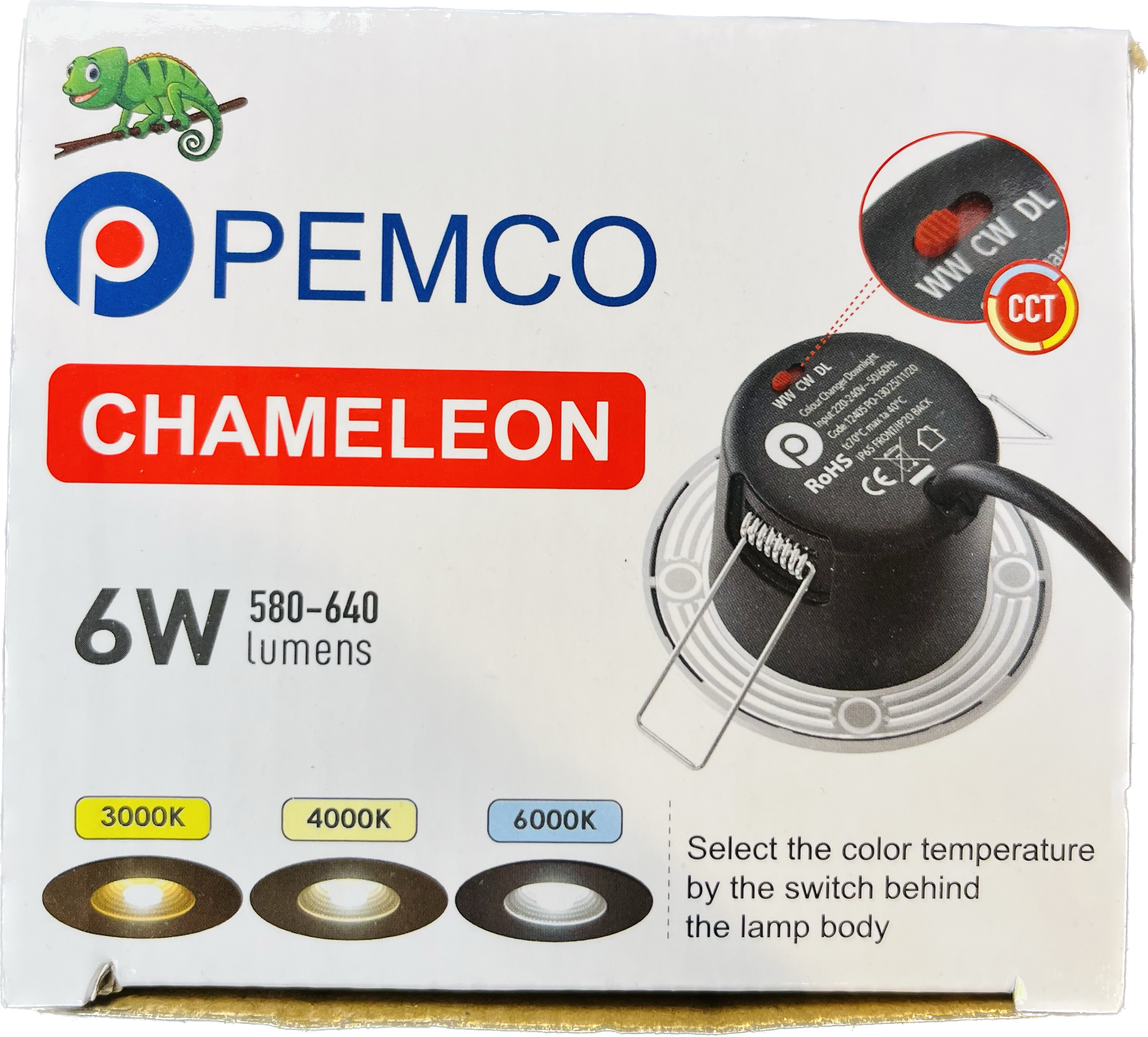 Pemco Chameleon 6W LED downlight shown beside its packaging, highlighting the white bezel and fire-rated design.