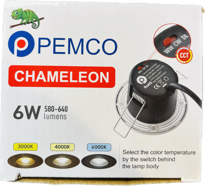 Pemco Chameleon 6W LED downlight shown beside its packaging, highlighting the white bezel and fire-rated design.