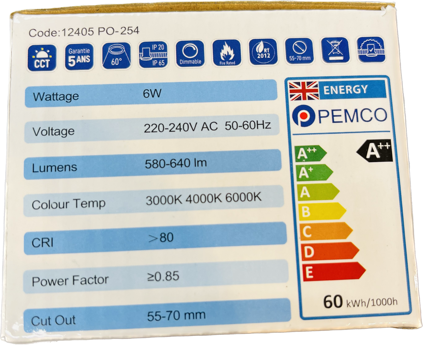 Colour temperature and energy efficiency chart for the Pemco Chameleon LED downlight, displaying selectable light settings.