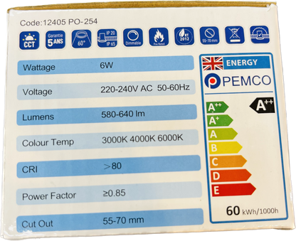 Colour temperature and energy efficiency chart for the Pemco Chameleon LED downlight, displaying selectable light settings.